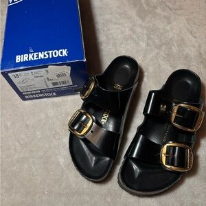 Birkenstock Arizona Big Buckle black patent leather sandals with gold metal